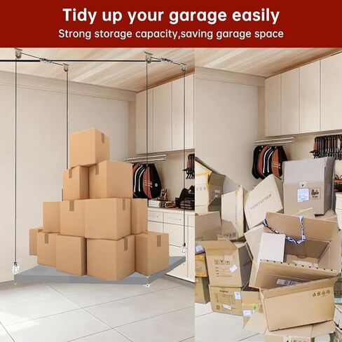 Heavy Duty Overhead Garage Storage Pulley Lift System, 300LBS Load Capacity, Ceiling Mounted Rack with Adjustable Height, for Bikes, Boxes and Bins, Home Garage Organization Not Include Racks in Saudi Arabia
