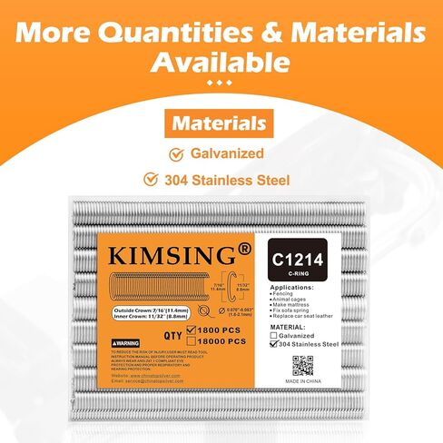 KIMSING C1214 Hog Ring Staples 7/16 "(11.4 ملم) تاج خارجي 304 حلقات C من الفولاذ المقاوم للصدأ لمسدس حلقة الخنزير BWG12/C712 (1,800 قطعة/الحزمة) in Saudi Arabia