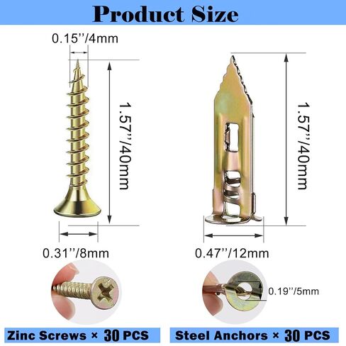 AXK 60 Pcs Self-Drilling Anchors & Screws, Heavy Duty, No Drill, Holes in Wall (30 Pcs Steel Anchors 0.47"x1.57" + 30 Pcs Zinc Screws 0.31"x1.57") in Saudi Arabia