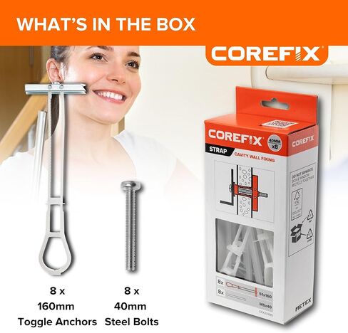 مرساة حائط بحزام Corefix مكونة من 8 قطع (M5x40mm)، مفتاح عالمي معدني شديد التحمل للجدران الجافة أو الطوب المجوف أو الكتلة. تثبيت آمن، سهل التركيب وقابل للتعديل حتى عمق 1.2 سم. in Kuwait