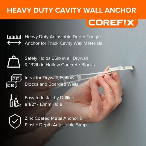 مرساة حائط بحزام Corefix مكونة من 8 قطع (M5x40mm)، مفتاح عالمي معدني شديد التحمل للجدران الجافة أو الطوب المجوف أو الكتلة. تثبيت آمن، سهل التركيب وقابل للتعديل حتى عمق 1.2 سم. in Kuwait