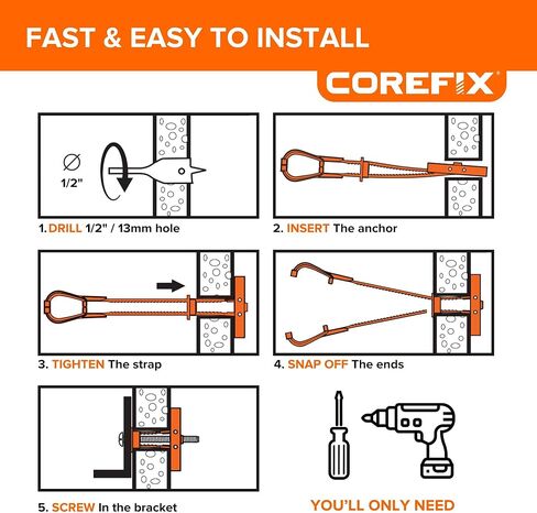 مرساة حائط بحزام Corefix مكونة من 8 قطع (M5x40mm)، مفتاح عالمي معدني شديد التحمل للجدران الجافة أو الطوب المجوف أو الكتلة. تثبيت آمن، سهل التركيب وقابل للتعديل حتى عمق 1.2 سم. in Kuwait