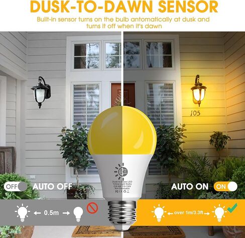 مصابيح الإضاءة من الغسق إلى الفجر في الهواء الطلق، لمبة إضاءة بمستشعر A19 LED، 9 وات (ما يعادل 60 وات)، خلية ضوئية تشغيل/إيقاف تلقائية، ضوء النهار الأبيض 5000 كلفن، قاعدة E26 للإضاءة الخارجية، عبوتان in Kuwait