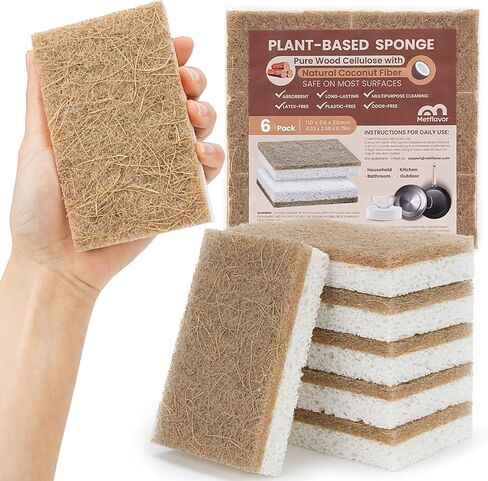 Metflavor Plant-Based Natural Kitchen Sponges,Biodegradable Non-Scratch Cellulose & Coconut Walnut Scrubber Sponge, Eco-Friendly & Sustainable (12 Pack) in Saudi Arabia