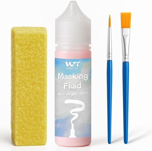 2Pcs Masking Fluid for Watercolor Painting with a Paintbrush and Eraser - Art Masking Fluid Pen Watercolor Medium Art Supplies for Artists - 60ml Blue+60ml White in Kuwait