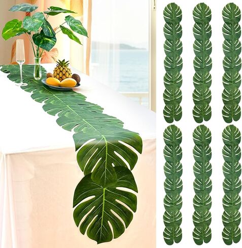 AerWo 6Pcs Artificial Palm Leaves Green Table Runner, Summer Tropical Leaf Table Runners 72 inches Long for Wedding Moana Jungle Safari Tropical Hawaiian Luau Party Decorations in Saudi Arabia