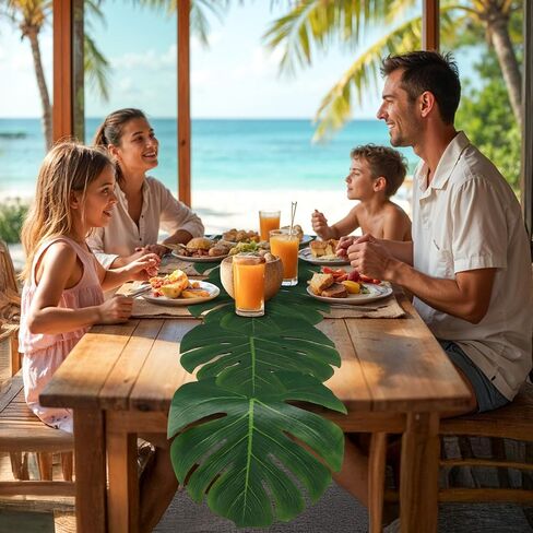 AerWo 6Pcs Artificial Palm Leaves Green Table Runner, Summer Tropical Leaf Table Runners 72 inches Long for Wedding Moana Jungle Safari Tropical Hawaiian Luau Party Decorations in Saudi Arabia