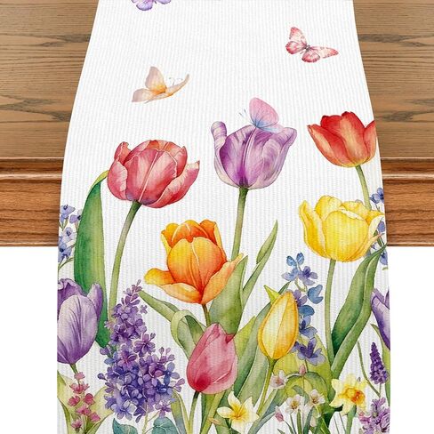 Tulips Table Runner, Spring Floral Table Runner 13x72 Inch, Pink Yellow Butterfly Pattern for Kitchen Dining Table, Indoor Outdoor Home Party Decor in Saudi Arabia