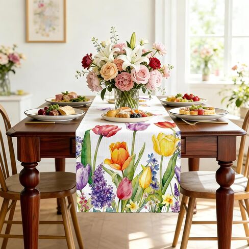 Tulips Table Runner, Spring Floral Table Runner 13x72 Inch, Pink Yellow Butterfly Pattern for Kitchen Dining Table, Indoor Outdoor Home Party Decor in Saudi Arabia