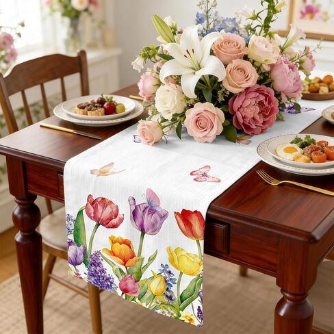 Tulips Table Runner, Spring Floral Table Runner 13x72 Inch, Pink Yellow Butterfly Pattern for Kitchen Dining Table, Indoor Outdoor Home Party Decor in Saudi Arabia