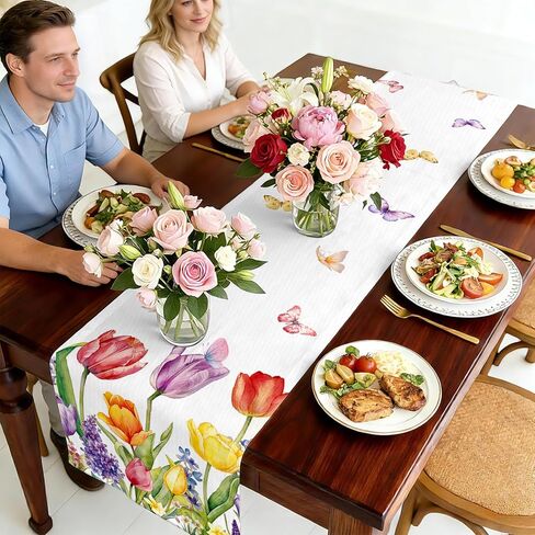 Tulips Table Runner, Spring Floral Table Runner 13x72 Inch, Pink Yellow Butterfly Pattern for Kitchen Dining Table, Indoor Outdoor Home Party Decor in Saudi Arabia
