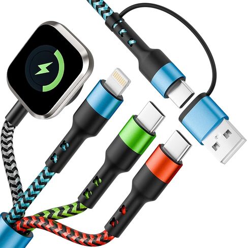 هدايا عيد الميلاد - كابل شحن متعدد USB A/C 4 في 2 لشاحن ساعة Apple/شاحن من النوع C/Lightning، شواحن سفر لأجهزة متعددة، محمول مصمم لـ iWatch وiPhone 17-12 5FT in Kuwait