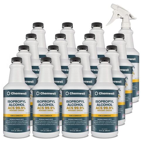 Chemwell ACS Grade 99.9% Isopropyl Alcohol - 4 Gallons (32 fl oz, 16 Pack) - with Premium Spray Head - for Laboratory Use, Multipurpose Household or Commercial Surface Cleaning in Kuwait