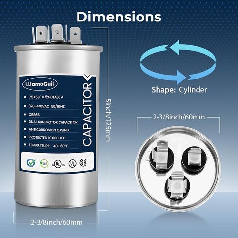 75/5 uF 75+5 MFD 370VAC or 440VAC Dual Run Start Round A/C Capacitor CBB65 CBB65B Air Conditioner Capacitors for AC Unit Fan Motor Start or Heat Pump or Condenser Straight Cool in Saudi Arabia