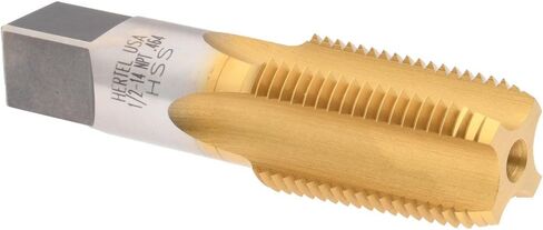 Hertel Standard Pipe Tap, 1/2-14 NPT, 4 Flutes, High Speed Steel, TiN Finish, 3-1/8" OAL, 1-3/8" Thread Length, Part #R837558T in Saudi Arabia