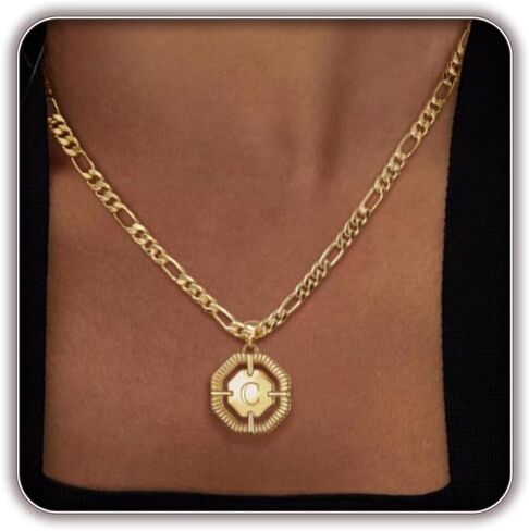 Initial Necklace for Women, 14k Gold Plated letter Necklace Dainty Gold Octagonal Necklace Figaro Chain Name Necklace Personalized Initial Octagonal Pendant Necklace for Women Trendy Gold Jewelry in Kuwait