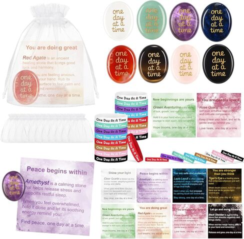 Soulchen 16 Sets Thumb Worry Stones for Anxiety Stress Relief Items Chakra Stones One Day at a Time Bracelet Meditation Reiki Spiritual Gift for Women Men Cancer Addiction Recovery Sobriety in Saudi Arabia