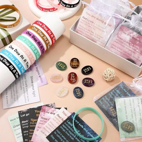 Soulchen 16 Sets Thumb Worry Stones for Anxiety Stress Relief Items Chakra Stones One Day at a Time Bracelet Meditation Reiki Spiritual Gift for Women Men Cancer Addiction Recovery Sobriety in Saudi Arabia