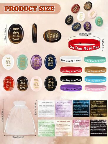 Soulchen 16 Sets Thumb Worry Stones for Anxiety Stress Relief Items Chakra Stones One Day at a Time Bracelet Meditation Reiki Spiritual Gift for Women Men Cancer Addiction Recovery Sobriety in Saudi Arabia