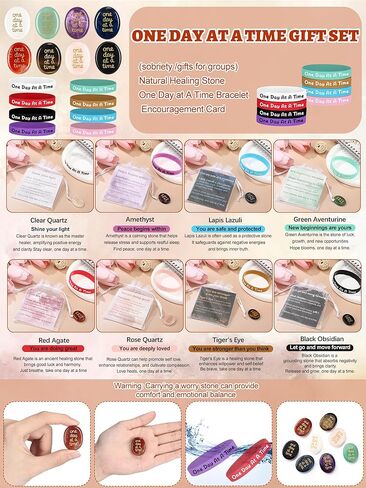 Soulchen 16 Sets Thumb Worry Stones for Anxiety Stress Relief Items Chakra Stones One Day at a Time Bracelet Meditation Reiki Spiritual Gift for Women Men Cancer Addiction Recovery Sobriety in Saudi Arabia