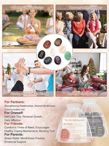 Soulchen 16 Sets Thumb Worry Stones for Anxiety Stress Relief Items Chakra Stones One Day at a Time Bracelet Meditation Reiki Spiritual Gift for Women Men Cancer Addiction Recovery Sobriety in Saudi Arabia