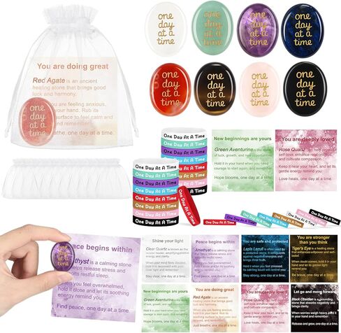 Soulchen 16 Sets Thumb Worry Stones for Anxiety Stress Relief Items Chakra Stones One Day at a Time Bracelet Meditation Reiki Spiritual Gift for Women Men Cancer Addiction Recovery Sobriety in Saudi Arabia