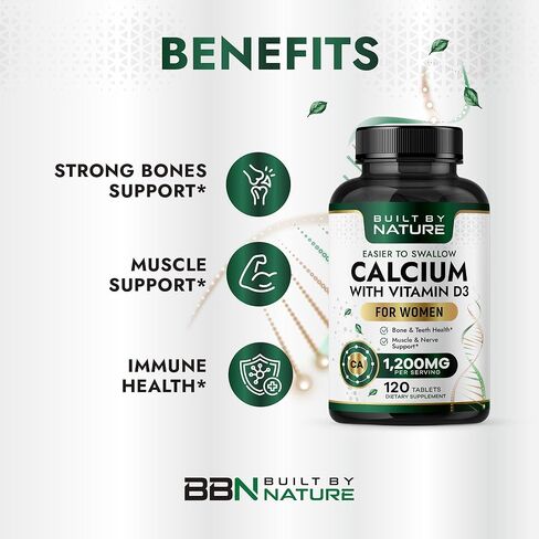Built By Nature Calcium Supplement for Women – Calcium 1200mg with Vitamin D3 – Bone & Immune Support – Easier to Swallow Calcium Supplements with Vitamin D – 120 Tablets in Saudi Arabia