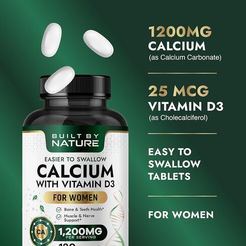 Built By Nature Calcium Supplement for Women – Calcium 1200mg with Vitamin D3 – Bone & Immune Support – Easier to Swallow Calcium Supplements with Vitamin D – 120 Tablets in Saudi Arabia