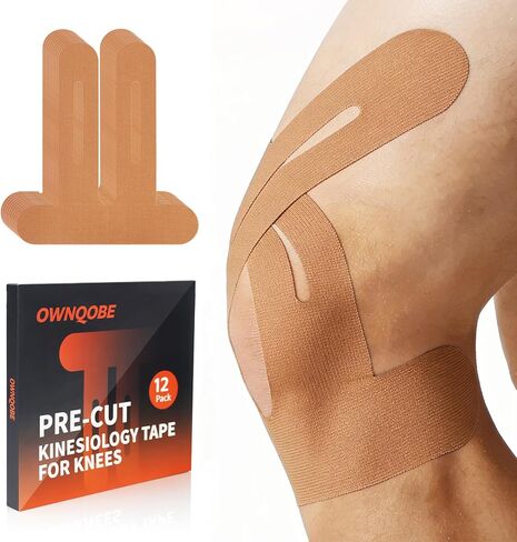 12 Pack Precut Kinesiology Tape for Knees & Shoulder, Knee Support & Stability for Sports, Waterproof & Elastic Tape for Knee Pain Relief, Breathable Hypoallergenic & Latex-Free, Black in Saudi Arabia