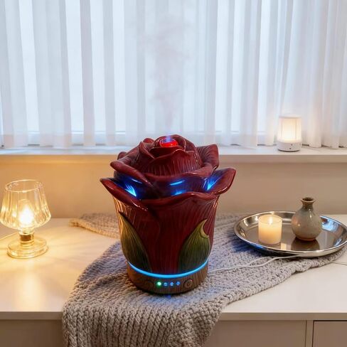 Ceramic Hand-Painted Rose Essential Oil Diffuser ，80 ml Timers Night Lights and Auto Off Function Home Office Humidifier (Rosered) in Saudi Arabia