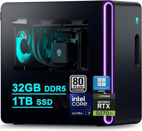 كمبيوتر سطح المكتب Dell Alienware Aurora ACT1250 للألعاب Intel 20-core Ultra 7 265F (Beats i7-14700) 32 جيجابايت DDR5 4 تيرابايت SSD GeForce RTX 5070 Ti 16 جيجابايت GDDR7 DLSS4 1000 واط PSU مبرد سائل للألعاب AI Win11Pro ICP Hub in Kuwait