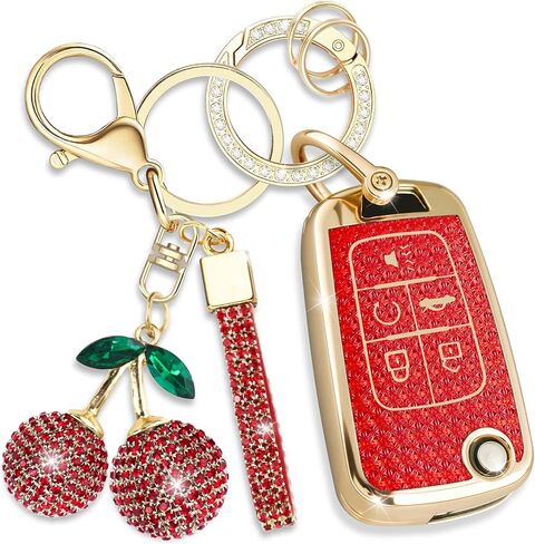 Sparkly Key Fob Cover with Cherry Keychain, Bling TPU Smart Key Case for Women, Compatible with Chevrolet Camaro Cruze Equinox，Buick Lacrosse Regal Allure，GMC Terrain (5-Button, Gold Red) in Kuwait