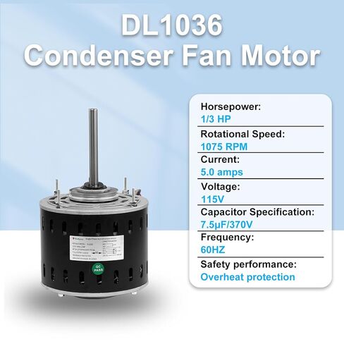 DL1036 Direct Drive Blower Fan Motor,1/3 HP 1075 RPM 3 Speed, 5.0A Low Current, Quiet Reverse Rotation, Compatible with AO Smith/Fasco/GE/Emerson/Franklin/Dayton,48 Frame Sleeve Bearing Motor in Saudi Arabia