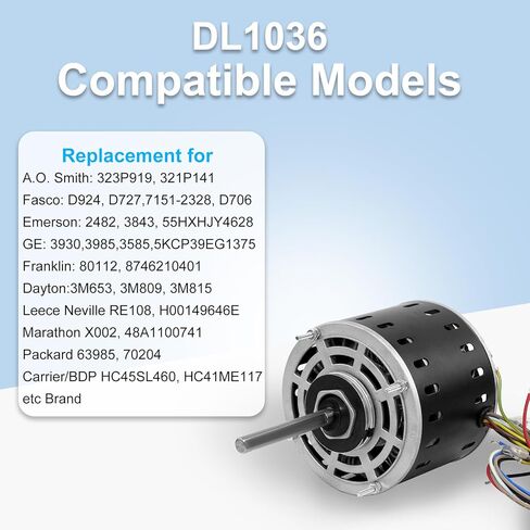 DL1036 Direct Drive Blower Fan Motor,1/3 HP 1075 RPM 3 Speed, 5.0A Low Current, Quiet Reverse Rotation, Compatible with AO Smith/Fasco/GE/Emerson/Franklin/Dayton,48 Frame Sleeve Bearing Motor in Saudi Arabia