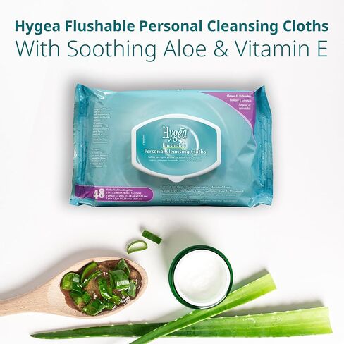Hygea Flushable Wipes, 48 Count, Plant-Based, Septic-Safe Moist Toilet Wipes, Gentle, Hypoallergenic Personal Cleansing Wipes with Aloe & Vitamin E, Alcohol & Paraben Free in Saudi Arabia