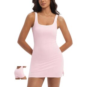 فستان قصير للسيدات برقبة مربعة للتنس من Top Closet، شورت مدمج، فستان رياضي للتمرين والجولف مع جيوب، شورت سهل الاستخدام in Kuwait