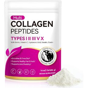 Multi Collagen Peptides Powder, 1lb – Types I, II, III, V, X | Hydrolyzed Collagen with Biotin, Vitamin C, Hyaluronic Acid, Keratin & Elastin | Supports Skin Hair Nail & Joint, Grass-Fed in Kuwait