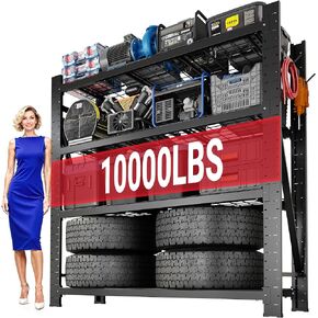 FLEXIMOUNTS Garage Shelving Heavy Duty, 49.6" W 4-Tier 10000LBS Industrial Shelving Unit with 4 Hooks, Adjustable Storage Shelves for Garage, Basement, Warehouse, 71" H x 49.6" W x 23.6" D in Kuwait