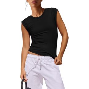 Panadila Womens Workout Tops Acid Wash Tshirt Cap Sleeve Fitted Crew Neck T Shirts Ruffled Hem Casual Basic Baby Tee in Saudi Arabia