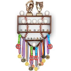 حافظة عرض بيسبول مقاس 17 بوصة مع حامل حلقة بيسبول، حامل حامل بيسبول، حافظة عرض ميدالية خشبية مثبتة على الحائط للكرات والميداليات والجوائز والخواتم، بني in Kuwait