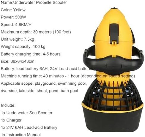 سكوتر البحر تحت الماء - جهاز دفع مائي بقدرة 500 وات مع بطارية ليثيوم للرياضات المائية ومتعة حمام السباحة - مروحة مياه غاطسة باللون الأصفر in Kuwait
