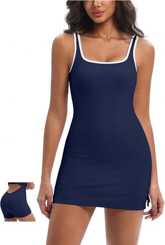 Topcloset Women's Square Neck Tennis mini Dress Built in Shorts Golf Athletic Workout Dress with Pockets Easy Peasy Shorts in Saudi Arabia