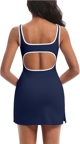 Topcloset Women's Square Neck Tennis mini Dress Built in Shorts Golf Athletic Workout Dress with Pockets Easy Peasy Shorts in Saudi Arabia