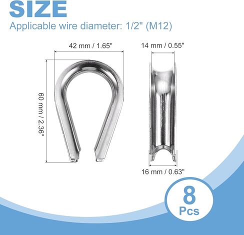 uxcell 1/2" M12 Stainless Steel Thimble, 304 Stainless Steel Wire Rope Cable Thimbles Rigging Marine Grade, Silver 8Pcs in Saudi Arabia