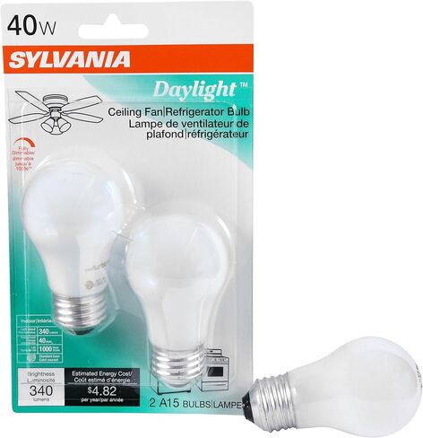 Sylvania Incandescent Light Bulb, A15, 40W, Ceiling Fan & Refrigerator Bulb, Medium Base, 340 Lumens, Dimmable, Daylight, 2850K - 2 Pack (10181) in Saudi Arabia