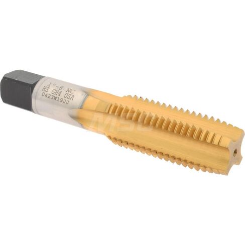 Hertel Straight Flute Tap, 1-8 UNC, 4 Flute, Plug Chamfer, 3B Class of Fit, High-Speed Steel, Titanium Nitride Finish, 2-1/2" Thread Length, 5-1/8" OAL in Saudi Arabia
