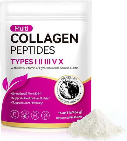 Multi Collagen Peptides Powder, 1lb – Types I, II, III, V, X | Hydrolyzed Collagen with Biotin, Vitamin C, Hyaluronic Acid, Keratin & Elastin | Supports Skin Hair Nail & Joint, Grass-Fed in Kuwait
