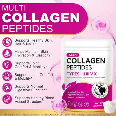 Multi Collagen Peptides Powder, 1lb – Types I, II, III, V, X | Hydrolyzed Collagen with Biotin, Vitamin C, Hyaluronic Acid, Keratin & Elastin | Supports Skin Hair Nail & Joint, Grass-Fed in Kuwait