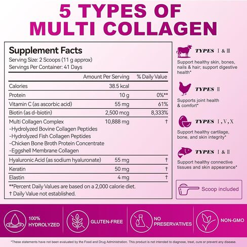 Multi Collagen Peptides Powder, 1lb – Types I, II, III, V, X | Hydrolyzed Collagen with Biotin, Vitamin C, Hyaluronic Acid, Keratin & Elastin | Supports Skin Hair Nail & Joint, Grass-Fed in Kuwait