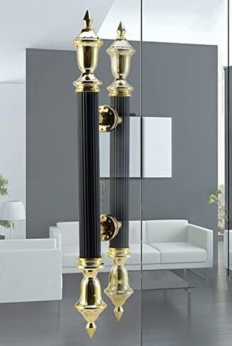 Modern Black and Gold Commercial Round Pole Bar Door Handle with Retro Style Ends Ideal for Shopping Mall or Building Entry Gate (Size: 70cm) in Saudi Arabia